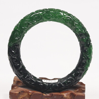 57mm Black Emerald Green Jadeite Jade Bangle Bracelet Chinese Hand-carved 09205