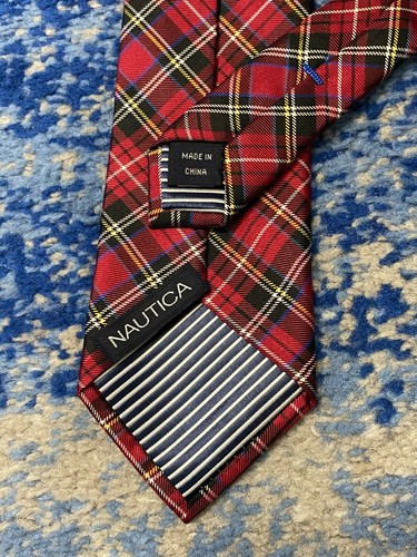 Nautica Boy's Red Yellow Blue Silver Black Bias Plaid Silk Necktie - Picture 4 of 5