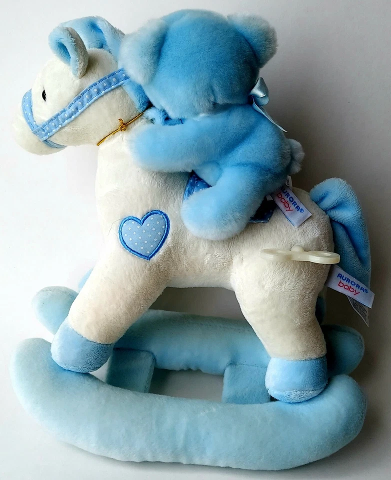 Etiquetas de canción de cuna de Brahm de peluche musical caballo azul y blanco Aurora Baby Boy Foto 2 de 4