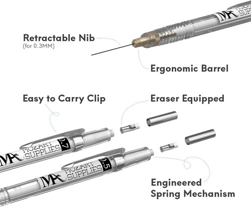 MozArt Mechanical Pencil Set with Case -4 Sizes: 0.3, 0.5, 0.7 & 0.9mm (PK OF 2) - Picture 5 of 8
