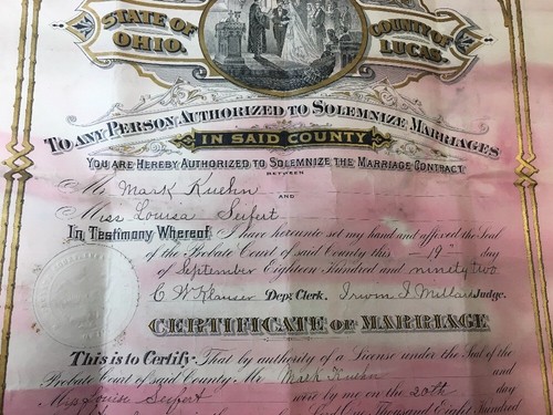 1892 STATE OF OHIO MARRIAGE LICENSE - WITH ANNOUNCEMENT, SPECTACULAR FIND! - Picture 3 of 11