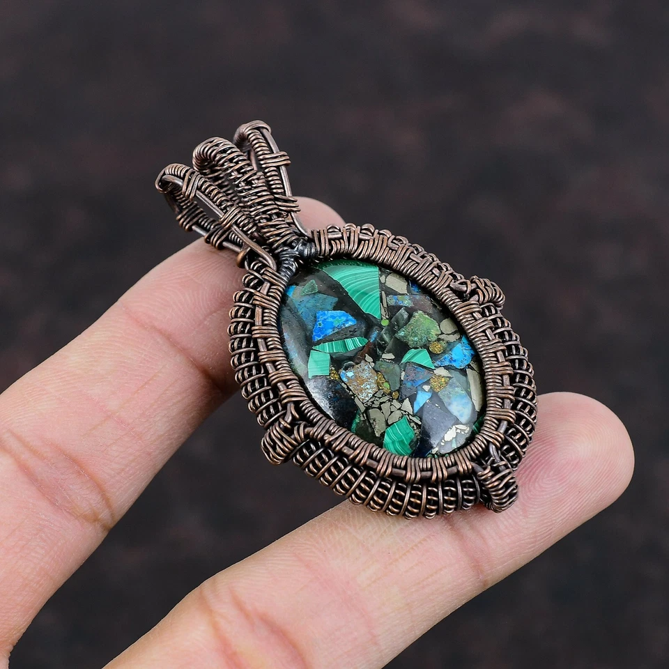 Подвеска в виде проволоки из азурита малахита ручной работы медь подарок 2,36 дюйма - Изображение 2 из 4