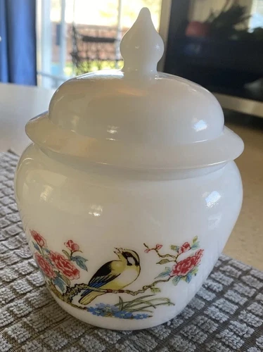 Vintage Avon Cannister Milk glass with florals and bird-70's