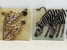 Frosted Glass 3d Grazing Elephant & Zebra Plaque Wall Art Decor Leather Hanger