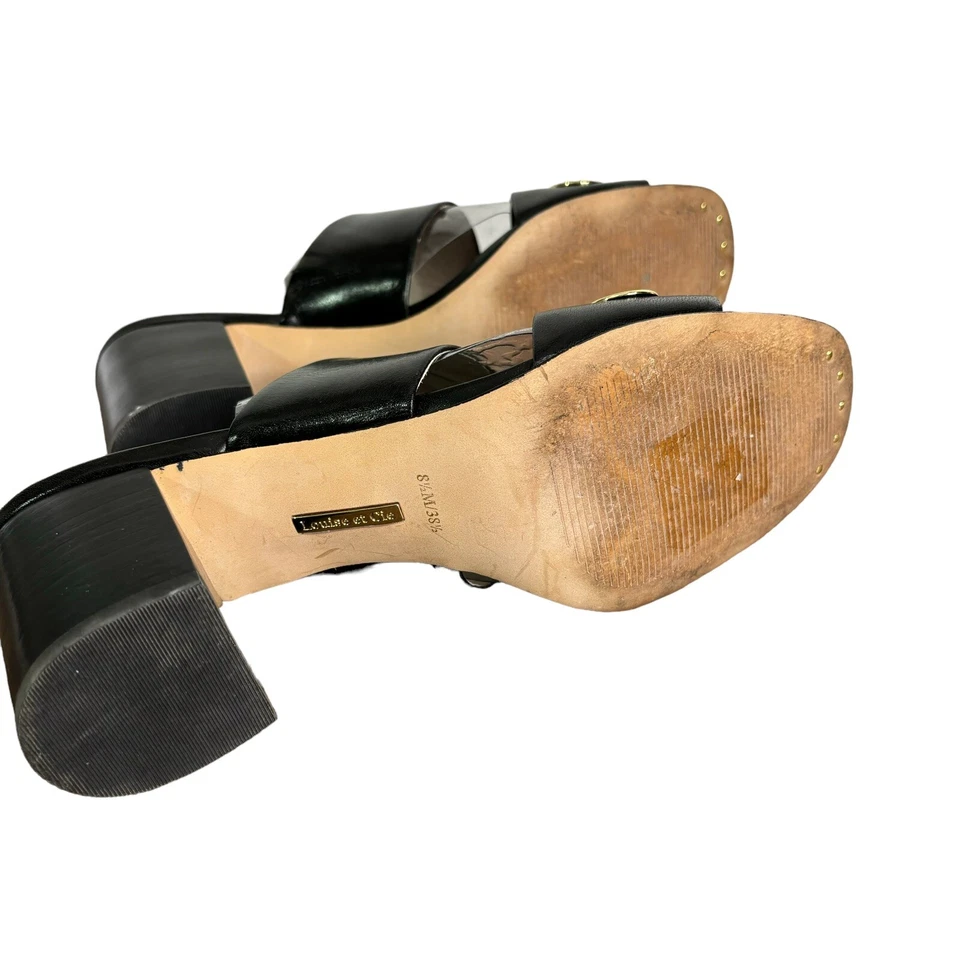 Sandalias Louise et Cie para mujer 8,5 cuero negro dorado ojales tacones bloque punta abierta Foto 4 de 4