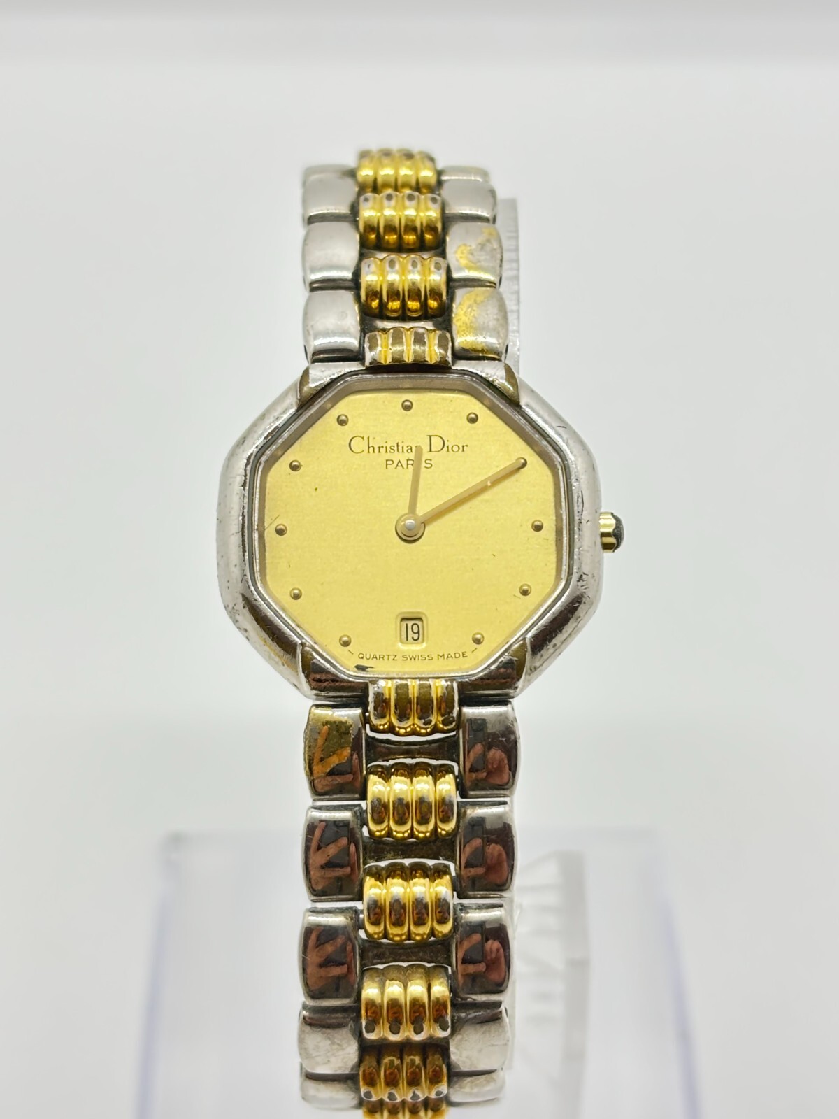 [Exc+4] Christian Dior 48.203 Octagon Date Quartz Watch Silver Gold Ladies F/S
