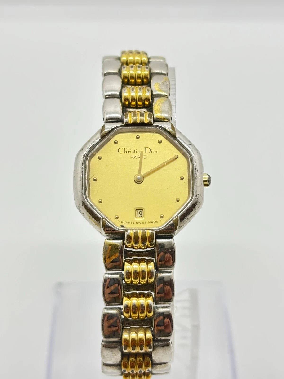 [Exc+4] ChristianDior Octogon Date 48,203 Argent Or Montre Bracelet Femme Japon