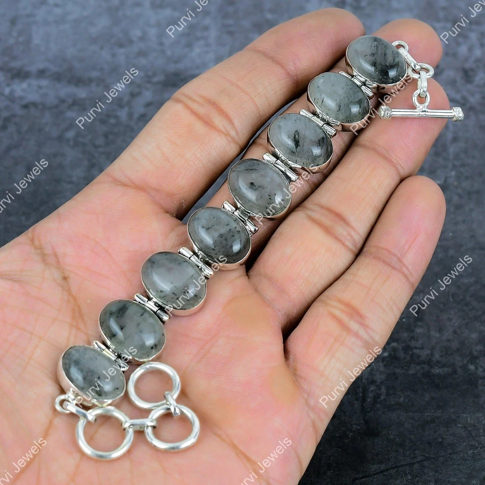 Pulsera ajustable de plata 925 con piedras preciosas de rutilo negro joyería para mujer Foto 4 de 4