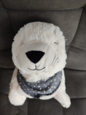 Peluche doudou phoque blanc bandana gris 35 cm Damart TBE 38CM