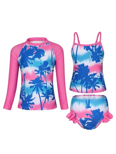 Kids Girls Rashguard Set Cami Swimsuit 3Pcs Swimwear Quickly Dry Bathing Suit - Picture 21 of 40