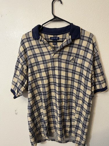 Vintage IZOD Club Golf Shirt Mens Medium Beige Blue Plaid Print Polo