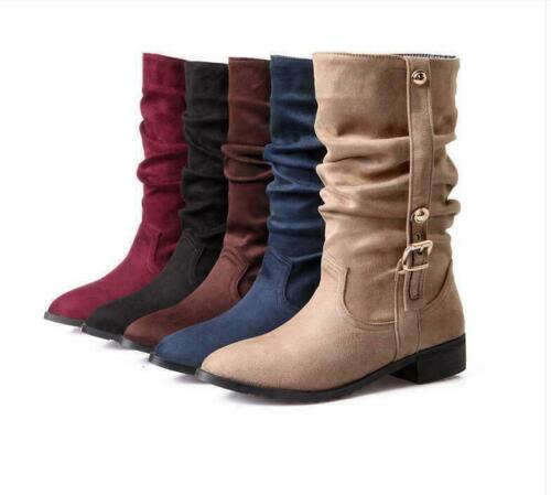Womens Mid Calf Boots Slouch low Block Heels Buckle Causal boots Pumps Shoes