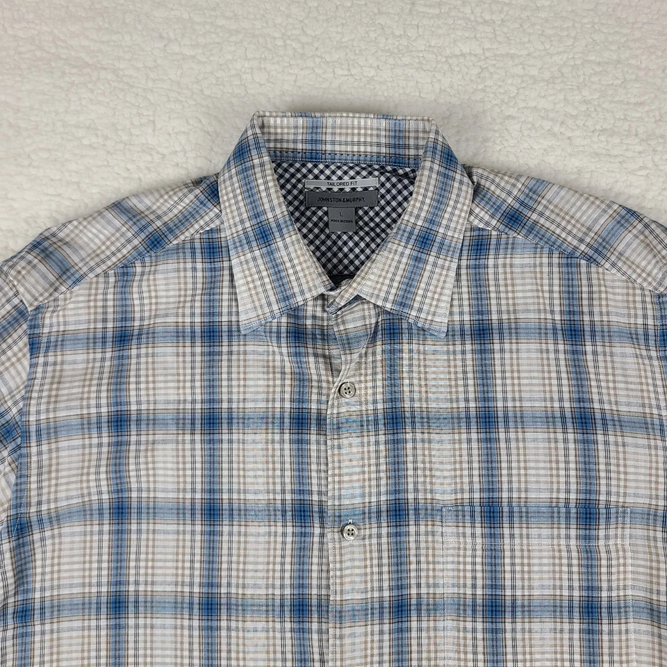 Camisa de franela Johnston Murphy para hombre grande azul marrón a cuadros ajuste a medida abotonada Foto 3 de 4