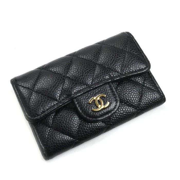 CHANEL Black Caviar Leather Matelassé Card Holder AP0214 Authentic
