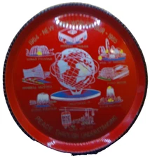 NY Worlds Fair 1964 metal tray made in Japan Unisphere Ford GM peace understand