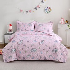 Pink Unicorn Themed Quilt Set Queen Size for Girls, 3 Pieces