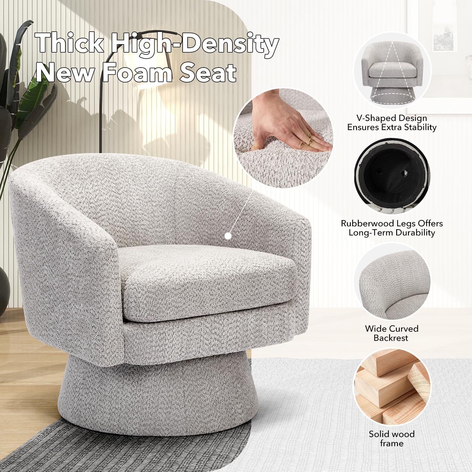 Soft Cushion 360&deg; Swivel Accent Chair Chenille Fabric with Arms Bedroom
