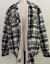 Eddie Bauer Sherpa Lined Shacket Women s M Gray Plaid Cotton Shirt Jacket