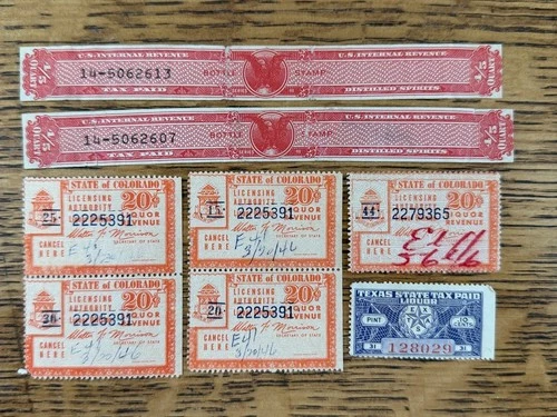 Vintage Revenue Stamp Lot U.S. Distilled Spirits Colorado Liquor Tax Texas Paid