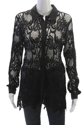 Madison Marcus Women Black Lace Floral Collared Long Sleeve Tunic Blouse Size M