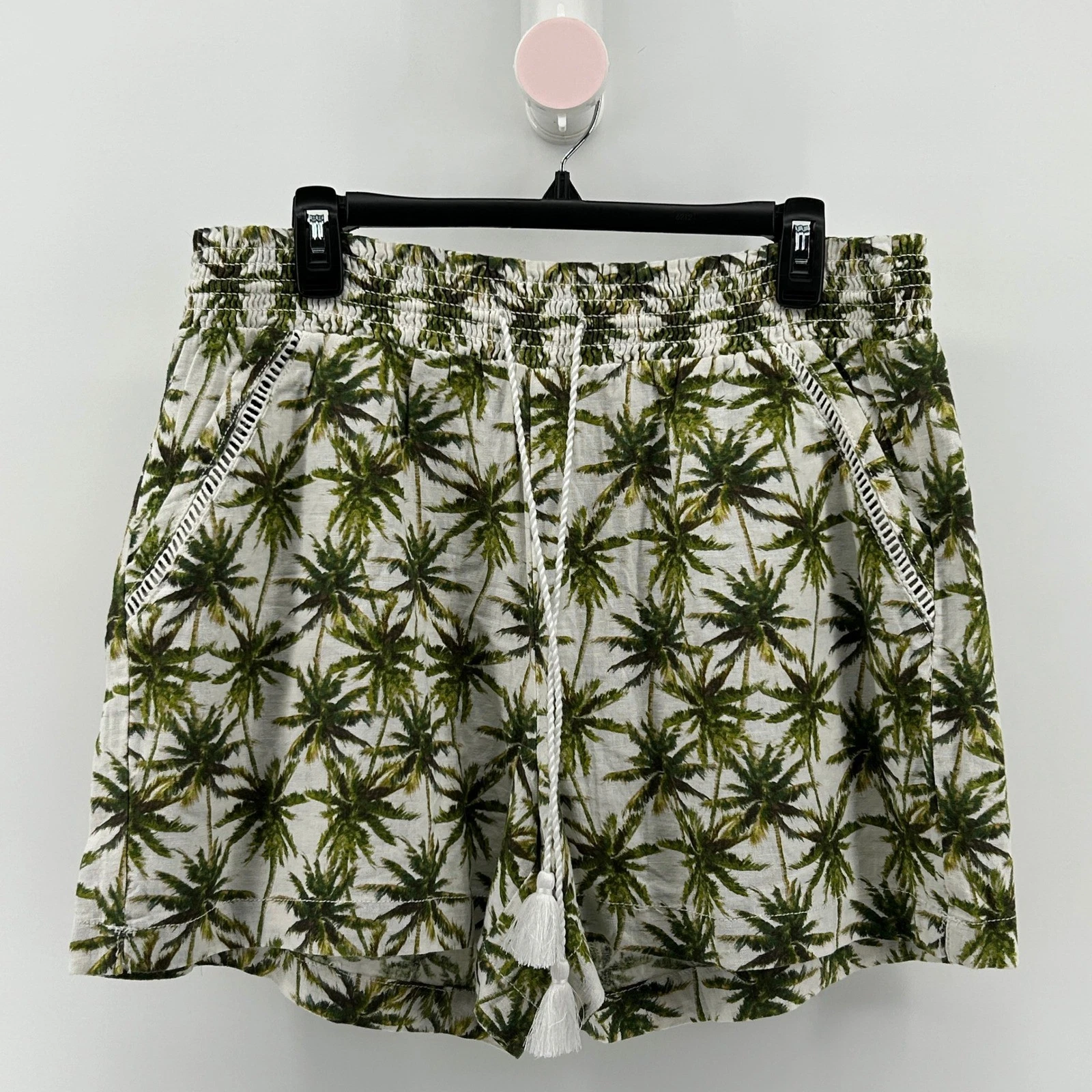 Briggs Linen Blend Palm Tree Shorts Smocked Waist Tassel XL Tropical Boho Resort