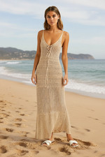 Fashion Nova Crochet Cover Up Spaghetti Straps Beige Dress Size Small