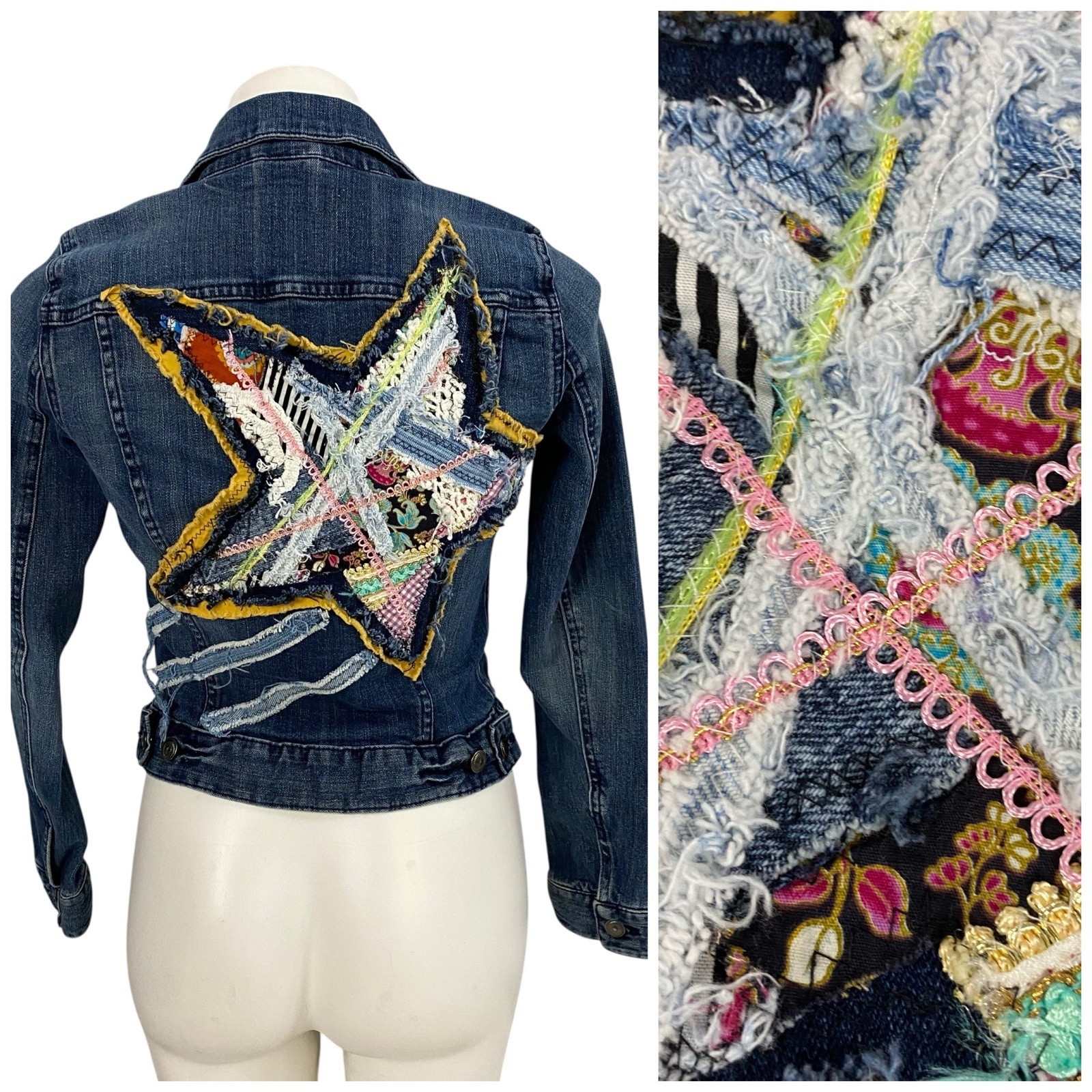Denim Jacket Womens Small Upcycled Star Boho Grunge Patchwork Folk Art Coachella-image