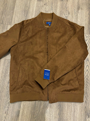 Men's Faux Suede Camel Bomber Jacket Brown Size L Full Zip Lined Pockets NWT