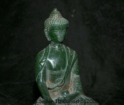 8" Old Natural Green Jade Carving Tibet Shakyamuni Amitabha Buddha Robe Statue - Picture 8 of 10