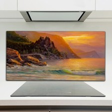 Welle Meer Malerei Kunst Blaue  K&uuml;chenr&uuml;ckwand Fliesenspiegel Glas ESG 120x60