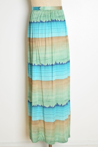 vintage 70s skirt art deco city novelty print blue green long maxi coverup M - Picture 6 of 9