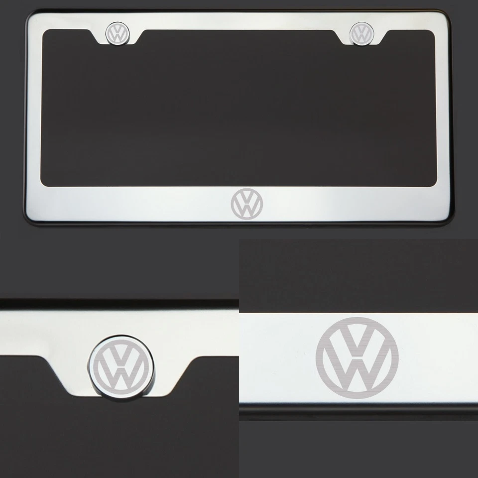 Mirror Chrome Volks Vw Logo Laser Etched StainlessSteel License Plate Frame - Image 2 of 4