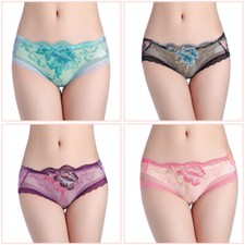 2PCS Lace Briefs Embroidery Floral Mesh Underwear Panties Lingerie Knickers Pink