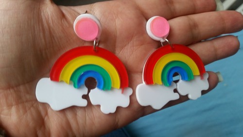 Large rainbow cloud glitter earrings white blue yellow red pink big statement - Picture 6 of 9