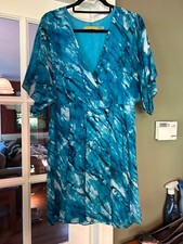 Alice + Olivia Watercolor Blue Print Silk V neck Mini Dress Size L EUC