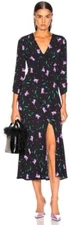 Rixo Katie Tulip Floral Black Purple Green Midi Crepe Dress Size Small