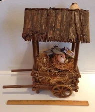 Wood Cart~ Sticks & Bark~Folk Art~Hand Made~Pansies~Birds~12.5" High