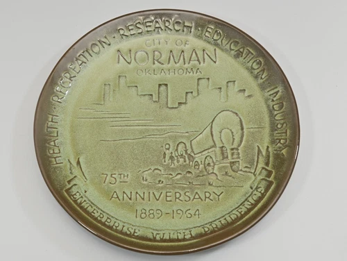 Vintage 1889-1964 Frankoma Norman, Oklahoma 75th Anniversary 10" Plate Green 6F