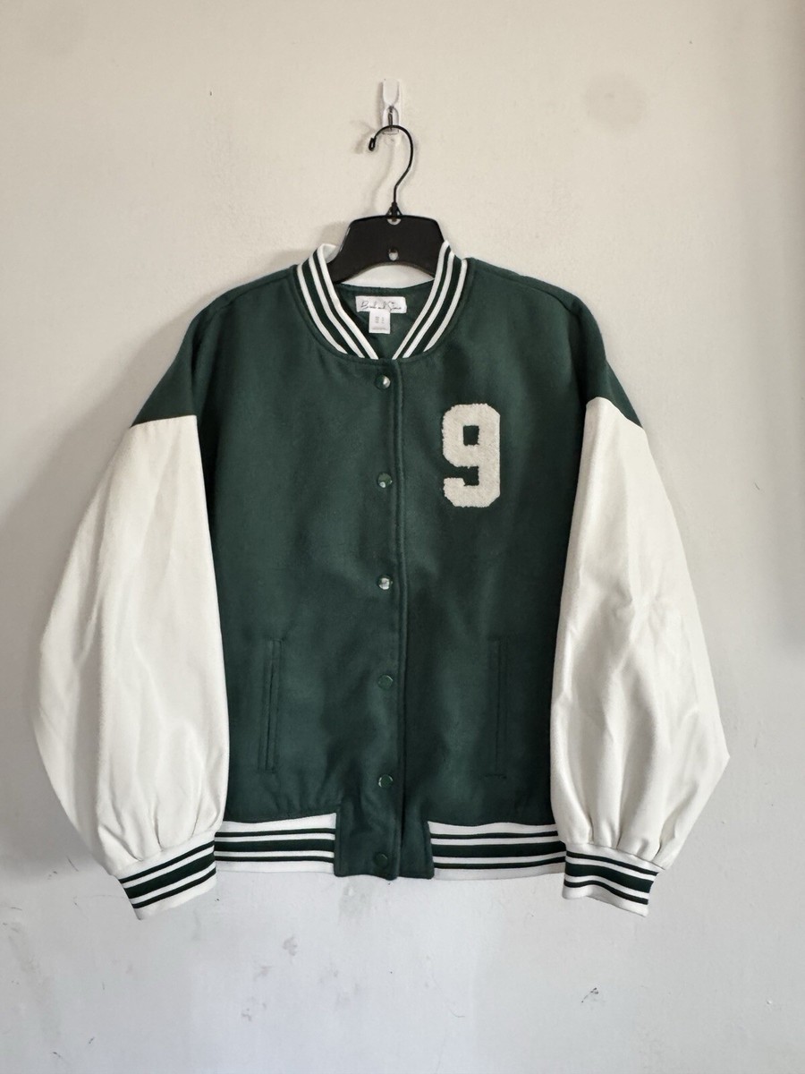 Birch And Stone Mt Everest Green White Varsity Bomber Jacket, Size