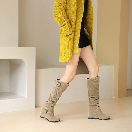 Womens Hidden Wedge Heel Round Toe Shoes Buckle Faux Suede Mid Calf Slouch Boots - Picture 18 of 41