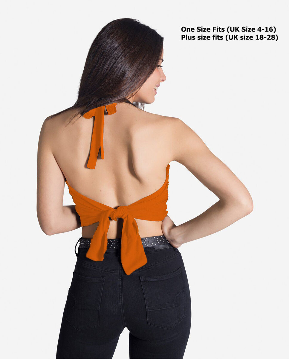 Ladies Halter neck Crop Top Double Tie back T-Shirt cropped Open Back Dress Girl