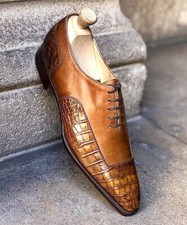 Handmade Mens brown crocodile dress shoes, Men two tone lace up shoes, Men shoe