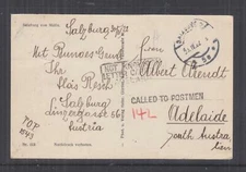 SOUTH AUSTRALIA, 1922 incoming ppc. Austria, CALLED TO POSTMEN , NOT KNOWN