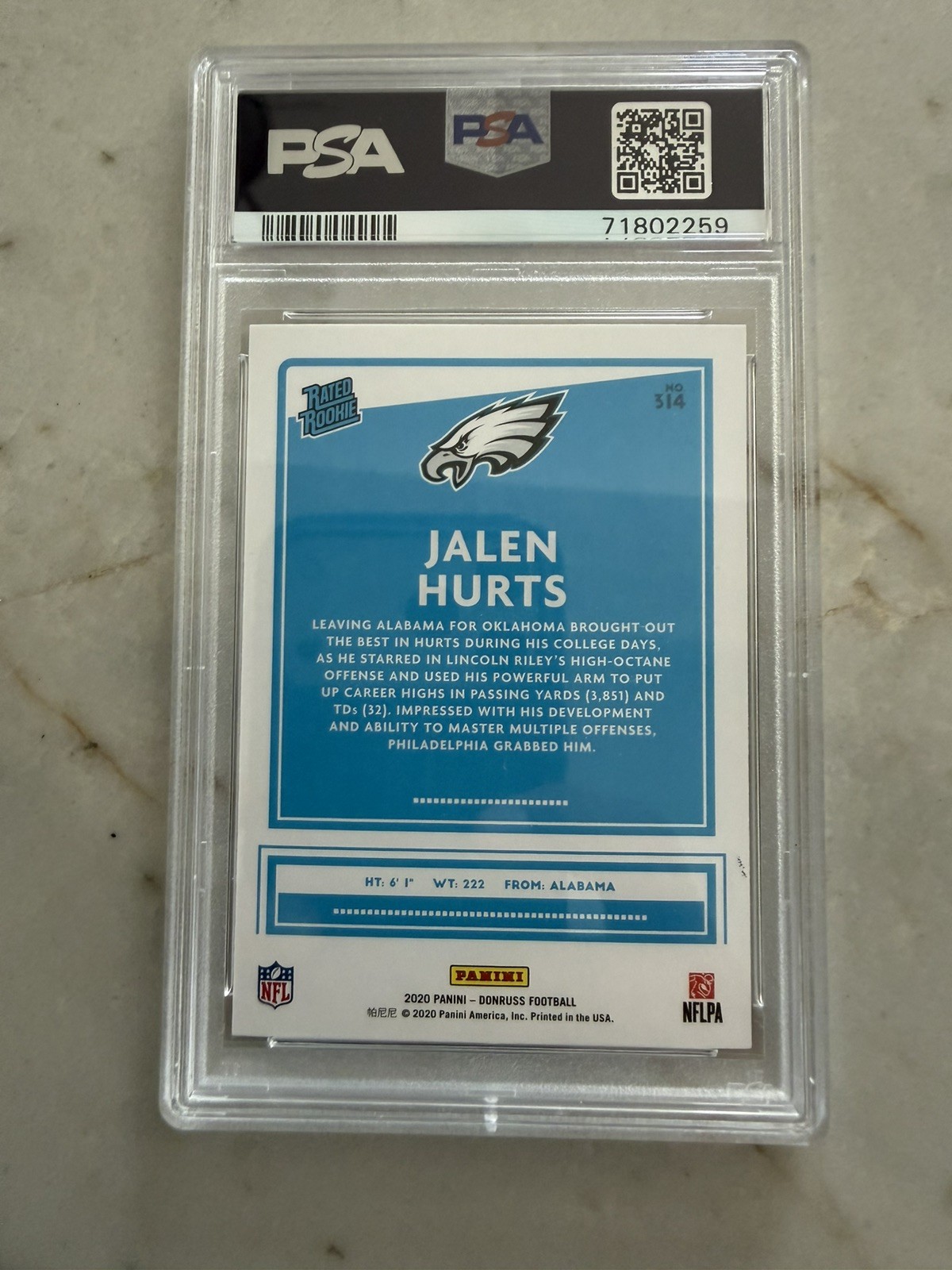 2020 Panini DonRuss Football #314 Jalen Hurts Rated Rookie Card PSA 10 Eagles  view 2