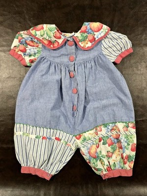 Vtg Thomas Romper Girls Baby Sz 18m Blue Fruit Orchard Stripes
