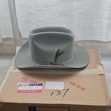 Stetson Gray Western Hat w/ Feather Original 1973 Stetson Box, Size 7 3/8