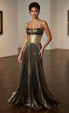 Sherri Hill NWT Gold Silk Beaded Shimmery Pleated Full Length Dress Sz 6