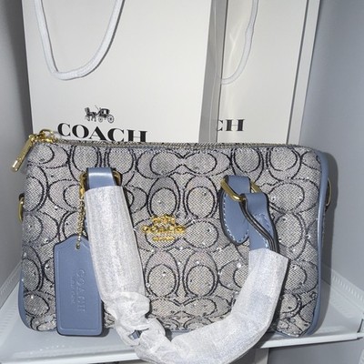 Coach Signature Monogram Blue/Gray Small Zip Crossbody Gold HW, Det Strap