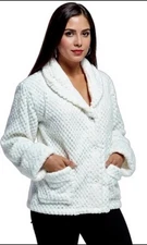 NWT La Cera White Honeycomb Fleece Bed Jacket Button Down Pockets PJ Comfy 2xL