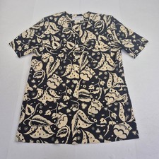 JAEGER Dress 16 Black Beige Floral Women Short Sleeve Button Down
